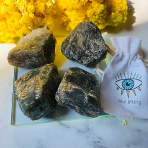 Raw Labradorite Crystal: Unique Stone with Evil Eye Pouch