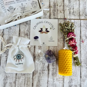 Calming Crystals Kit: Amethyst, Clear Quartz, Lavender Smudge Stick