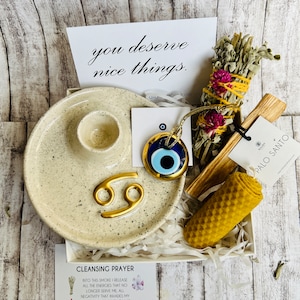 Cancer Gifts, Zodiac Sign Gift, Zodiac Gift Set, Incense Holder, Sage Smudge, Palo Santo, Evil Eye, Handmade Home Decor