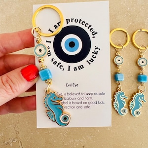 Seahorse and Evil Eye Charm Keychain , Evil Eye Keychain, Seahorse charm ,Ocean-Inspired Protection Keyring, Birthday Gift , Ocean Lover