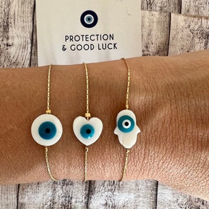 Mothers Day Gift, Evil Eye Bracelet, Mother of Pearl Bracelet, Hamsa Hand Bracelet, Handmade Evil Eye Protection Bracelet