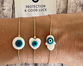 Mothers Day Gift, Evil Eye Bracelet, Mother of Pearl Bracelet, Hamsa Hand Bracelet, Handmade Evil Eye Protection Bracelet