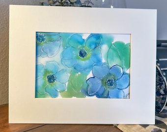 Impresión floral suelta en acuarela: arte botánico en azul, verde azulado y verde