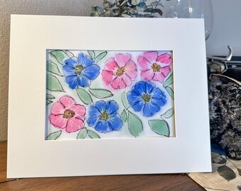 Impresión floral en acuarela pintada a mano: arte botánico en rosa, azul y verde