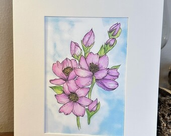 Impresión de acuarela Cosmos rosa: arte mural floral botánico