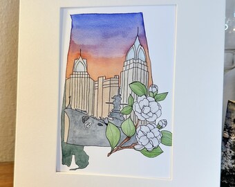 Impresión artística en acuarela de Alabama: horizonte de Mobile, atardecer costero