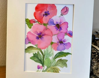 Impresión de acuarela floral roja y morada: arte mural botánico