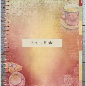 May include: A vintage-style notebook with a spiral binding and a title that reads "Series Bible". The cover features a watercolor-style background with a cup of coffee and a book with glasses on top. The notebook has tabs on the right side labeled "Series Overview", "Book 1", "Book 2", "Book 3", "Book 4", "Book 5", and "Extras".
