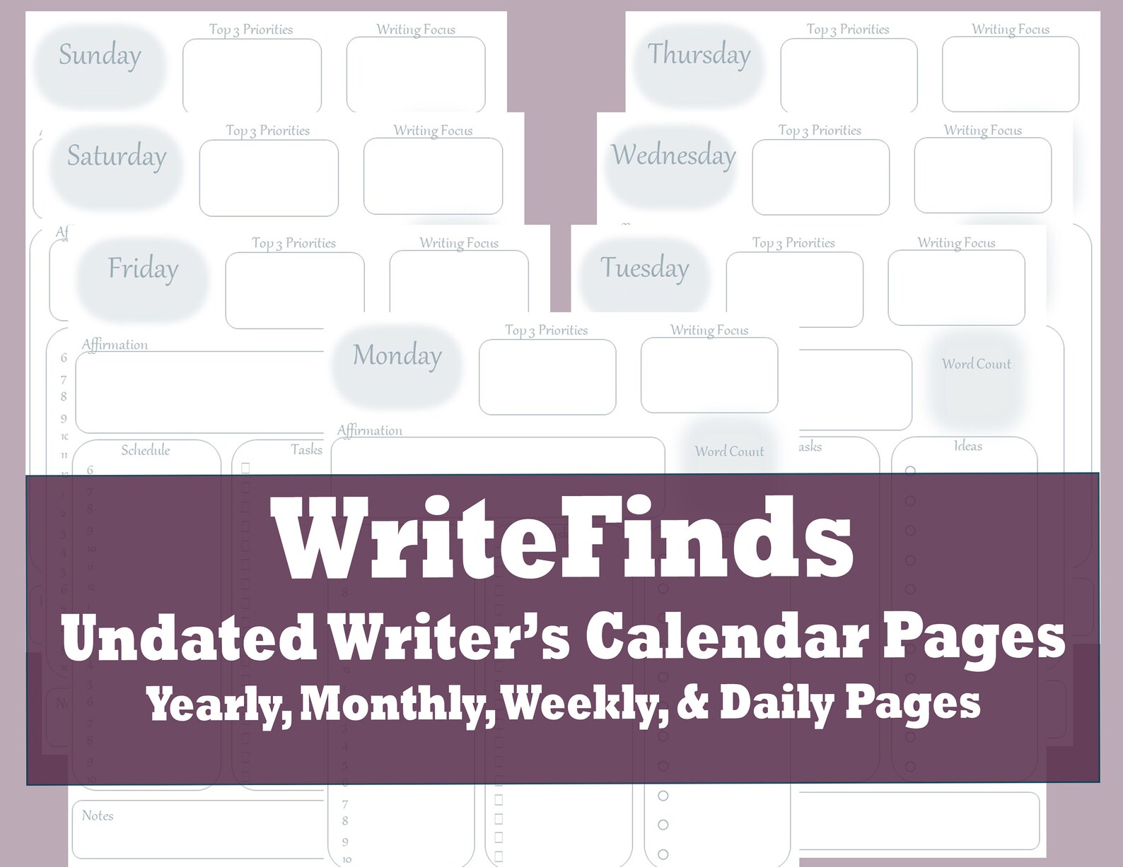 Writer's Printable Calendar Pages 15 Pages Yearly Etsy UK