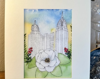 Impresión en acuarela del horizonte de Mobile, Alabama: Arte botánico al atardecer