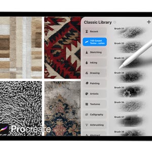 Peut inclure: Une tablette num&eacute;rique affichant l'interface de l'application Procreate. L'&eacute;cran montre des textures de tapis et des options de pinceaux. Un stylet blanc est positionn&eacute; au-dessus de l'&eacute;cran. Le logo de l'application est visible en bas &agrave; gauche.