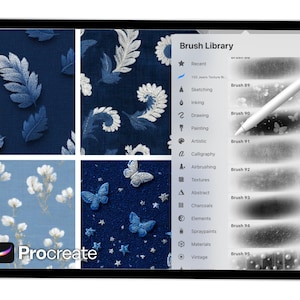 May include: A digital tablet displays the Procreate app with a stylus. The screen shows a brush library and a grid of fabric textures in shades of blue. The textures include leaf and butterfly patterns.