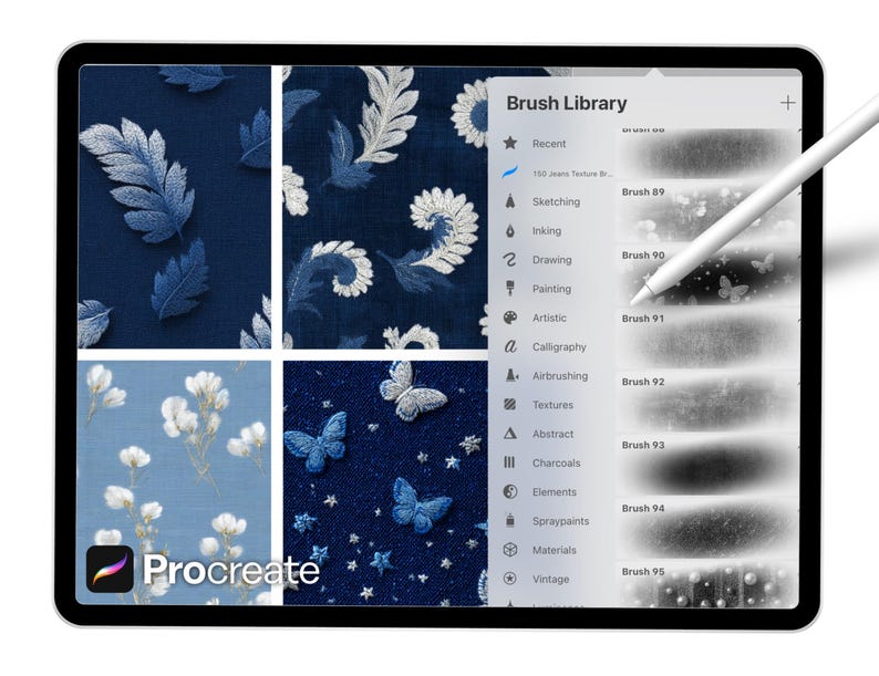 May include: A digital tablet displays the Procreate app with a stylus. The screen shows a brush library and a grid of fabric textures in shades of blue. The textures include leaf and butterfly patterns.