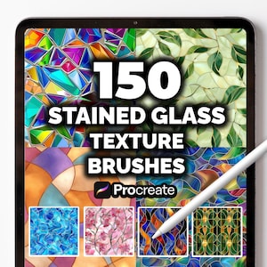 May include: A digital tablet displays a collection of 150 stained glass texture brushes for Procreate. The image showcases various colorful stained glass patterns, including geometric designs and floral motifs. A stylus is positioned near the screen.