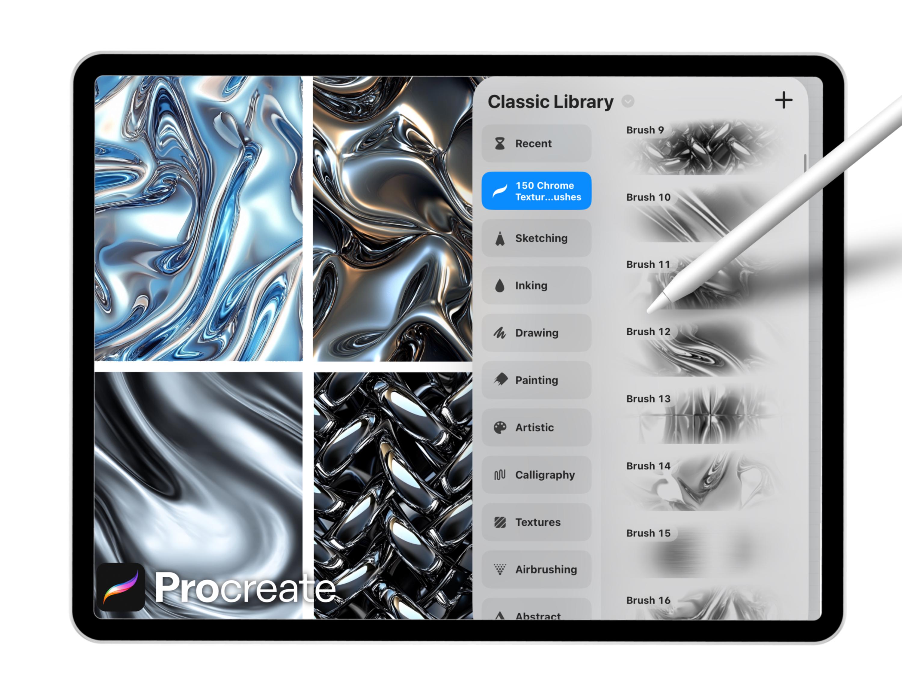 150 Chrome Texture Brushes for Procreate – Metallic, Reflective, Steel ...