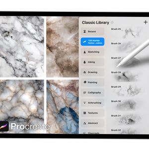 May include: A digital tablet displays the Procreate app interface. The screen shows marble textures and a brush library. A white stylus hovers over the screen. The app's interface includes options for sketching, inking, drawing, and painting.