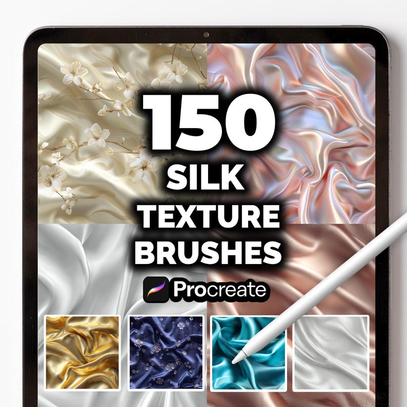 Puede incluir: Una tableta muestra "150 SILK TEXTURE BRUSHES" en blanco, con el logo de Procreate. El fondo presenta texturas de seda doradas, azules y blancas. Un l&aacute;piz &oacute;ptico blanco es parcialmente visible, sugiriendo un producto de arte digital.
