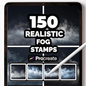 Puede incluir: Una tableta digital muestra un gráfico con el texto "150 REALISTIC FOG STAMPS" y el logotipo de Procreate. El fondo muestra un paisaje brumoso. Un lápiz óptico está posicionado cerca de la pantalla y se ven cuatro vistas previas de sellos de niebla.