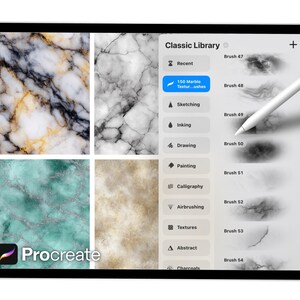 May include: A digital tablet displaying the Procreate app interface. The screen shows marble textures and a brush library. A stylus hovers over the screen. The app logo is visible in the bottom left corner.