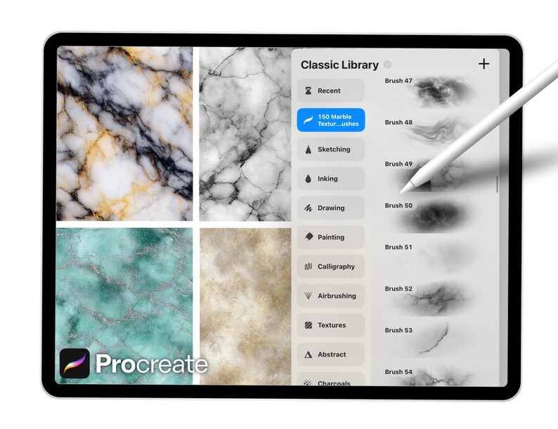 May include: A digital tablet displaying the Procreate app interface. The screen shows marble textures and a brush library. A stylus hovers over the screen. The app logo is visible in the bottom left corner.