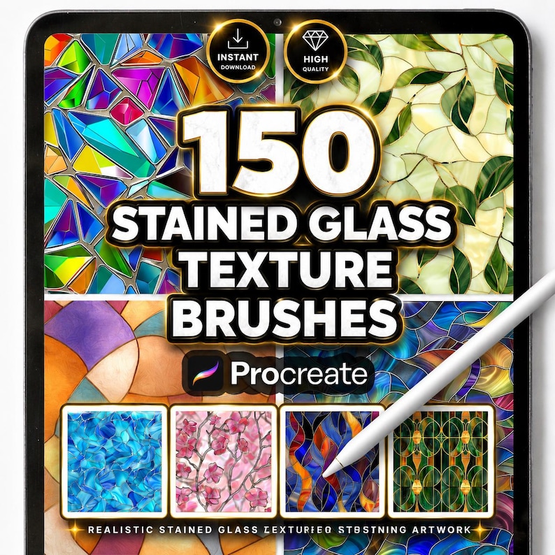 Op de afbeelding: Een digitaal kunstproduct op een tablet met 150 glas-in-lood textuur penselen voor Procreate. De afbeelding toont diverse glas-in-lood patronen in levendige kleuren, met de tekst "DIRECT DOWNLOADEN" en "HOGE KWALITEIT".