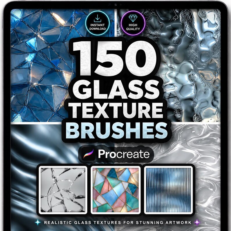 Glass texture brushes for Procreate app, featuring a collection of 150 digital assets on an iPad screen. The preview displays high-resolution transparent textures including shattered glass shards, frosted window panes, sleek fluted glass, and colorful stained-glass mosaics for digital art and architectural rendering.