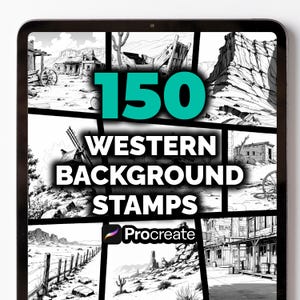 Può includere: Un tablet digitale mostra una griglia di illustrazioni in bianco e nero a tema western. Il numero "150" è in turchese, sopra il testo "WESTERN BACKGROUND STAMPS". Il logo Procreate è visibile in basso.