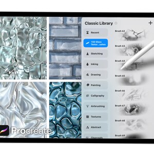 Pode incluir: Um tablet digital exibindo a interface do aplicativo Procreate. A tela mostra v&aacute;rias texturas e op&ccedil;&otilde;es de pincel, incluindo "150 Glass Textures". Uma caneta paira sobre a tela. O logotipo do aplicativo &eacute; vis&iacute;vel no canto inferior esquerdo.