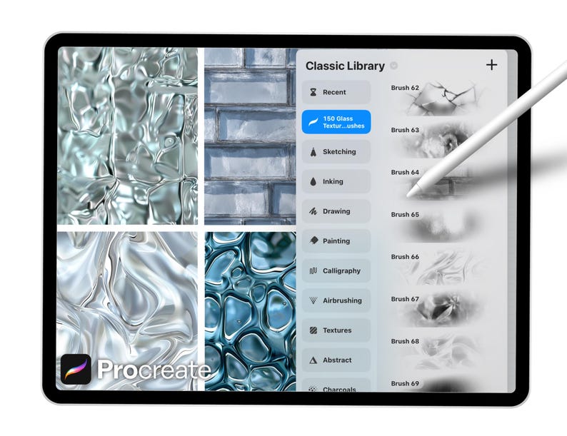 Pode incluir: Um tablet digital exibindo a interface do aplicativo Procreate. A tela mostra v&aacute;rias texturas e op&ccedil;&otilde;es de pincel, incluindo "150 Glass Textures". Uma caneta paira sobre a tela. O logotipo do aplicativo &eacute; vis&iacute;vel no canto inferior esquerdo.