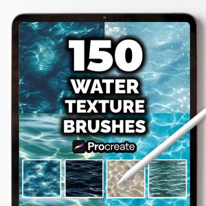 May include: A digital tablet displays a vibrant image of water textures. The text "150 WATER TEXTURE BRUSHES" is prominently featured. The Procreate logo is visible. A white stylus is positioned on the screen, highlighting the digital art tools.