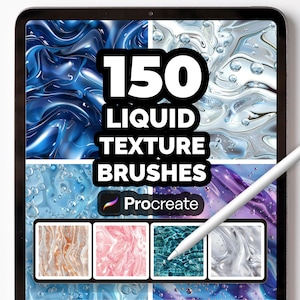 Puede incluir: Una tableta digital muestra un gráfico con el texto "150 LIQUID TEXTURE BRUSHES" y el logotipo de Procreate. La pantalla muestra varias texturas líquidas en tonos de azul, morado, rosa y marrón. Un lápiz óptico blanco descansa en la pantalla, sugiriendo la creación de arte digital.