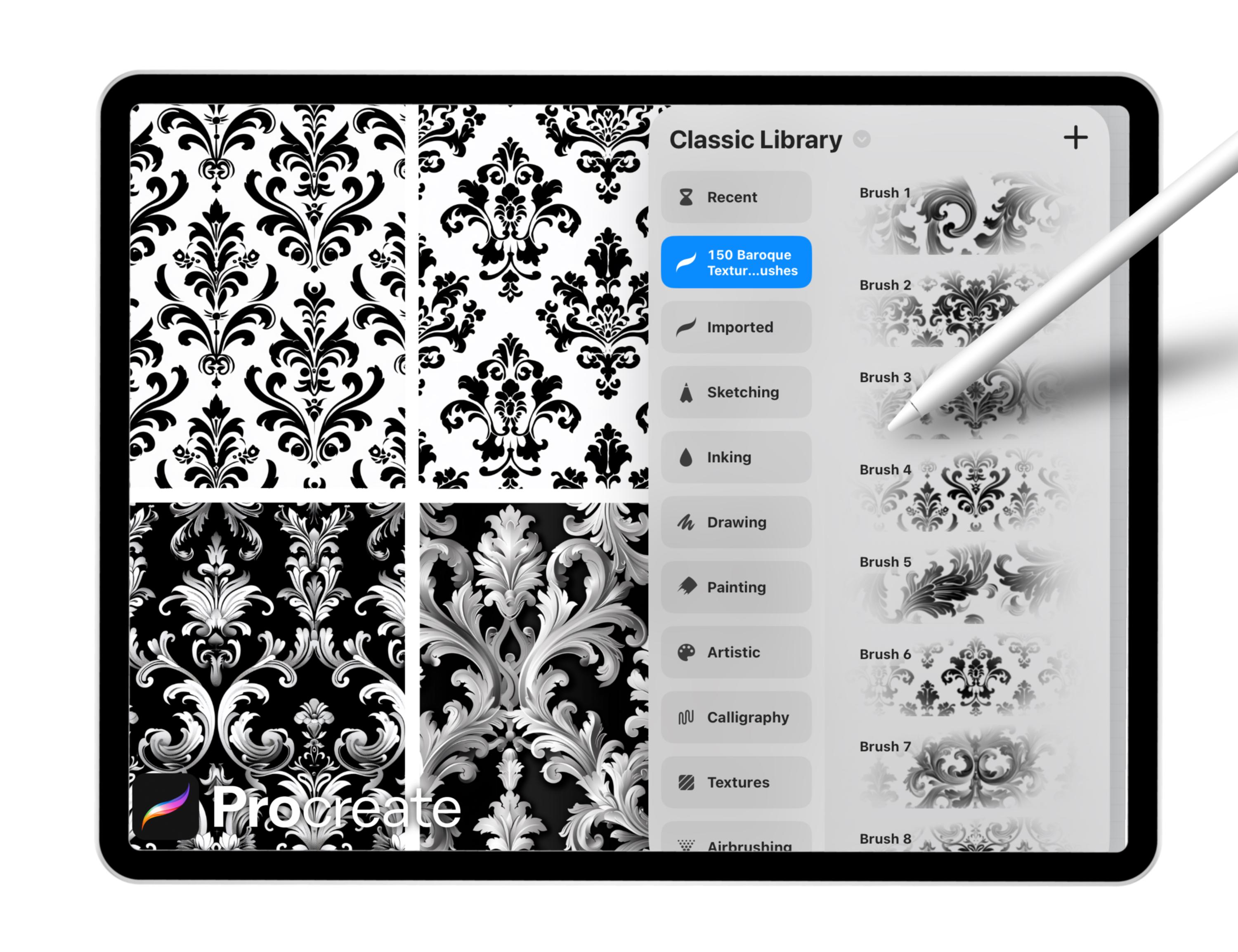 150 Baroque Texture Brushes for Procreate – Ornamental Damask, Vintage ...