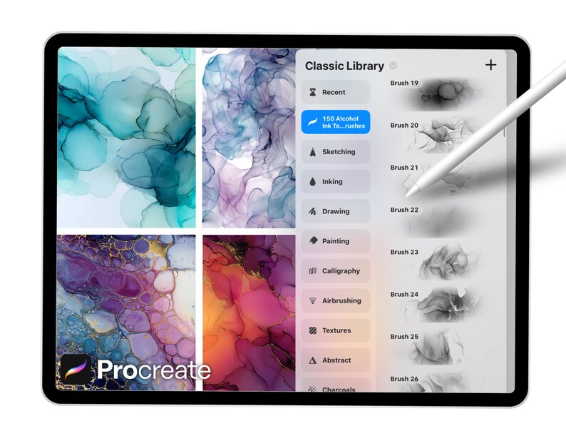 Op de afbeelding: Een digitale tablet met de Procreate app-interface. Het scherm toont kleurrijke abstracte kunstvoorbeelden en een penseelbibliotheek met opties voor schetsen, inkten en schilderen. Een stylus zweeft boven het scherm.