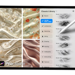 Puede incluir: Una tableta digital muestra la interfaz de la aplicaci&oacute;n Procreate. La pantalla muestra muestras de texturas de seda y una biblioteca de pinceles. Un l&aacute;piz &oacute;ptico se cierne sobre la pantalla. El logotipo de la aplicaci&oacute;n es visible en la esquina inferior izquierda.