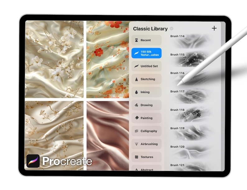 Puede incluir: Una tableta digital muestra la interfaz de la aplicaci&oacute;n Procreate. La pantalla muestra muestras de texturas de seda y una biblioteca de pinceles. Un l&aacute;piz &oacute;ptico se cierne sobre la pantalla. El logotipo de la aplicaci&oacute;n es visible en la esquina inferior izquierda.