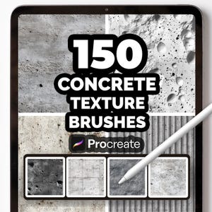 Könnte beinhalten: Ein Tablet-Bildschirm zeigt "150 CONCRETE TEXTURE BRUSHES" und das Procreate-Logo. Das Bild präsentiert verschiedene Betontexturen und einen Stift, ideal für digitale Kunst und Design.