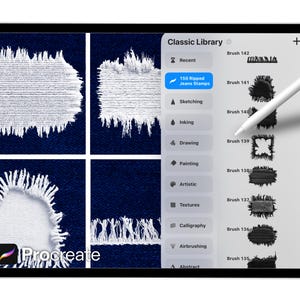 May include: A digital tablet displays a Procreate interface with denim texture brushes. The screen shows a selection of ripped jeans stamps and various brush styles. A stylus hovers over the screen, ready for digital art creation.