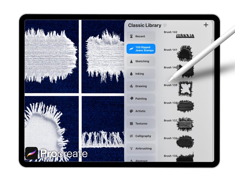 May include: A digital tablet displays a Procreate interface with denim texture brushes. The screen shows a selection of ripped jeans stamps and various brush styles. A stylus hovers over the screen, ready for digital art creation.