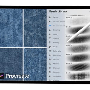 May include: A digital tablet showing the Procreate app with a white stylus. The screen displays denim fabric textures and a brush library with artistic tools. The app's logo is in the bottom left corner.
