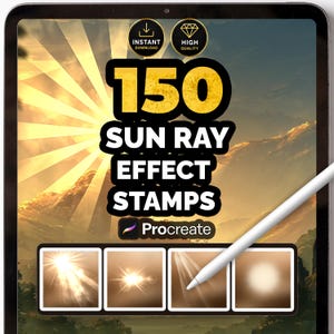 Puede incluir: Una pantalla de tableta digital que muestra un gráfico de 150 sellos de efectos de rayos de sol para Procreate. El diseño presenta texto negro en negrita, dos iconos circulares y cuatro cajas de vista previa cuadradas con efectos de luz.
