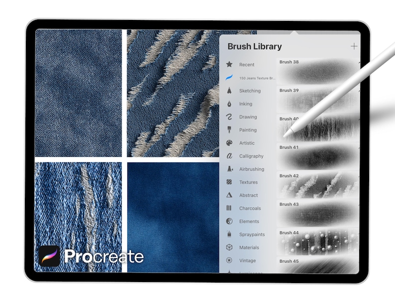 May include: A digital tablet displays the Procreate app with a brush library and denim texture samples. A white stylus hovers over the screen. The app's logo is visible in the lower left corner.