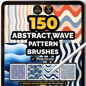Op de afbeelding: Een digitaal tabletscherm met 150 abstracte golfpatroonpenselen voor Procreate. Het scherm toont kleurrijke golvende lijnontwerpen, een Procreate-logo en vier vierkante vakken met verschillende patronen en texturen.