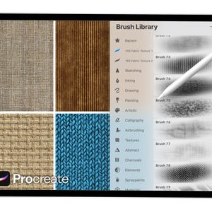 May include: A digital tablet showing the Procreate app, with a stylus. The screen displays fabric textures and a brush library. The Procreate logo is present. The stylus is positioned over the screen, suggesting digital art creation.