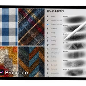 May include: A digital tablet showing the Procreate app's "Brush Library" menu. The screen displays fabric textures and brush stroke previews. A stylus is positioned above the screen. The Procreate logo is visible.