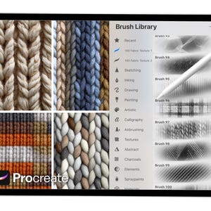 May include: A digital tablet showing the Procreate app and a stylus. The screen displays a "Brush Library" with fabric texture swatches and brush options. The app logo is visible in the lower left corner.