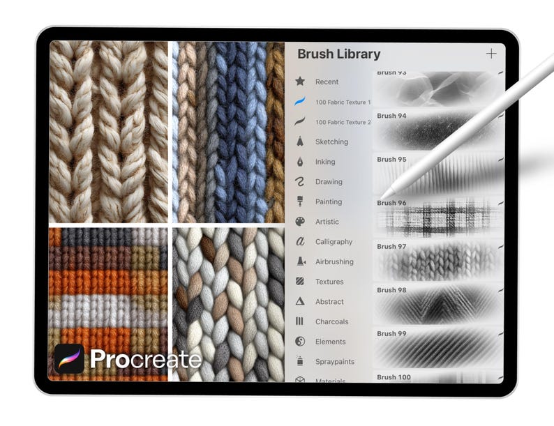 May include: A digital tablet showing the Procreate app and a stylus. The screen displays a "Brush Library" with fabric texture swatches and brush options. The app logo is visible in the lower left corner.