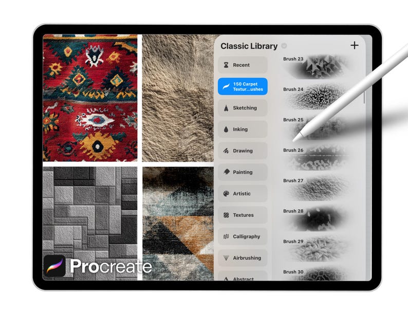 Peut inclure: Une tablette num&eacute;rique affichant l'interface de l'application Procreate. L'&eacute;cran montre une "Biblioth&egrave;que Classique" avec des options de pinceaux et des &eacute;chantillons de textures, dont des tapis. Un stylet est au-dessus de l'&eacute;cran. Le logo Procreate est visible.