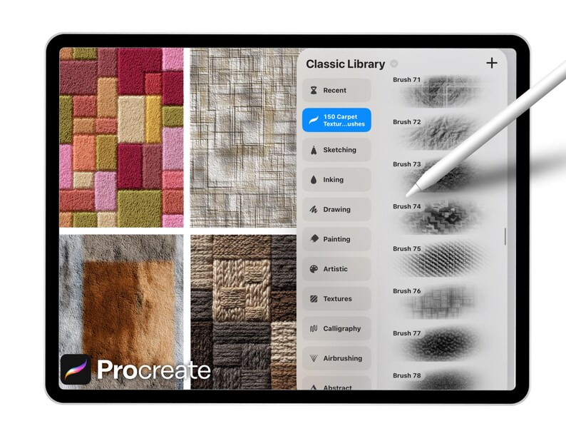 Peut inclure: Une tablette num&eacute;rique affichant l'interface de l'application Procreate. L'&eacute;cran pr&eacute;sente une "Biblioth&egrave;que Classique" avec des options de pinceaux et des aper&ccedil;us de textures de tapis. Un stylet est au-dessus de l'&eacute;cran. Le logo de l'application est visible.