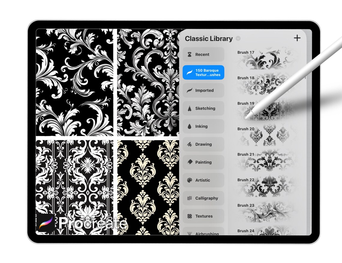 150 Baroque Texture Brushes for Procreate – Ornamental Damask, Vintage ...