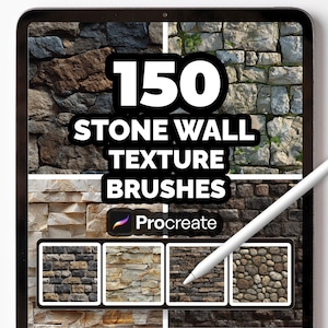 May include: A digital tablet displays a collection of stone wall texture brushes for Procreate. The image features the text "150 STONE WALL TEXTURE BRUSHES" in bold white letters. Various stone wall textures are shown in the background.